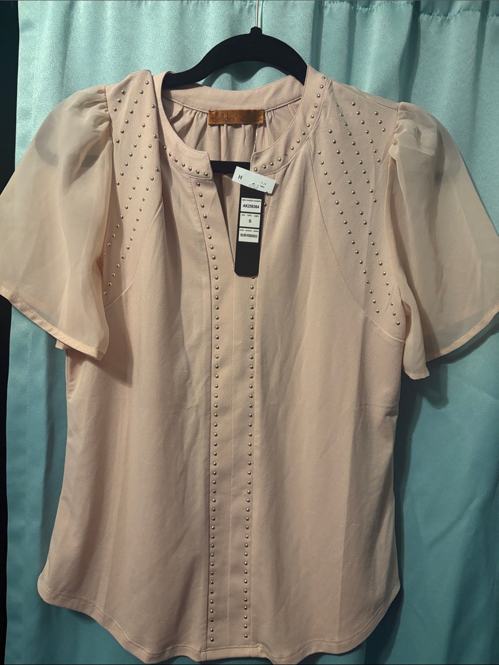 Belldini Blush Pink Stud-Embellished Short-Sleeve Blouse
